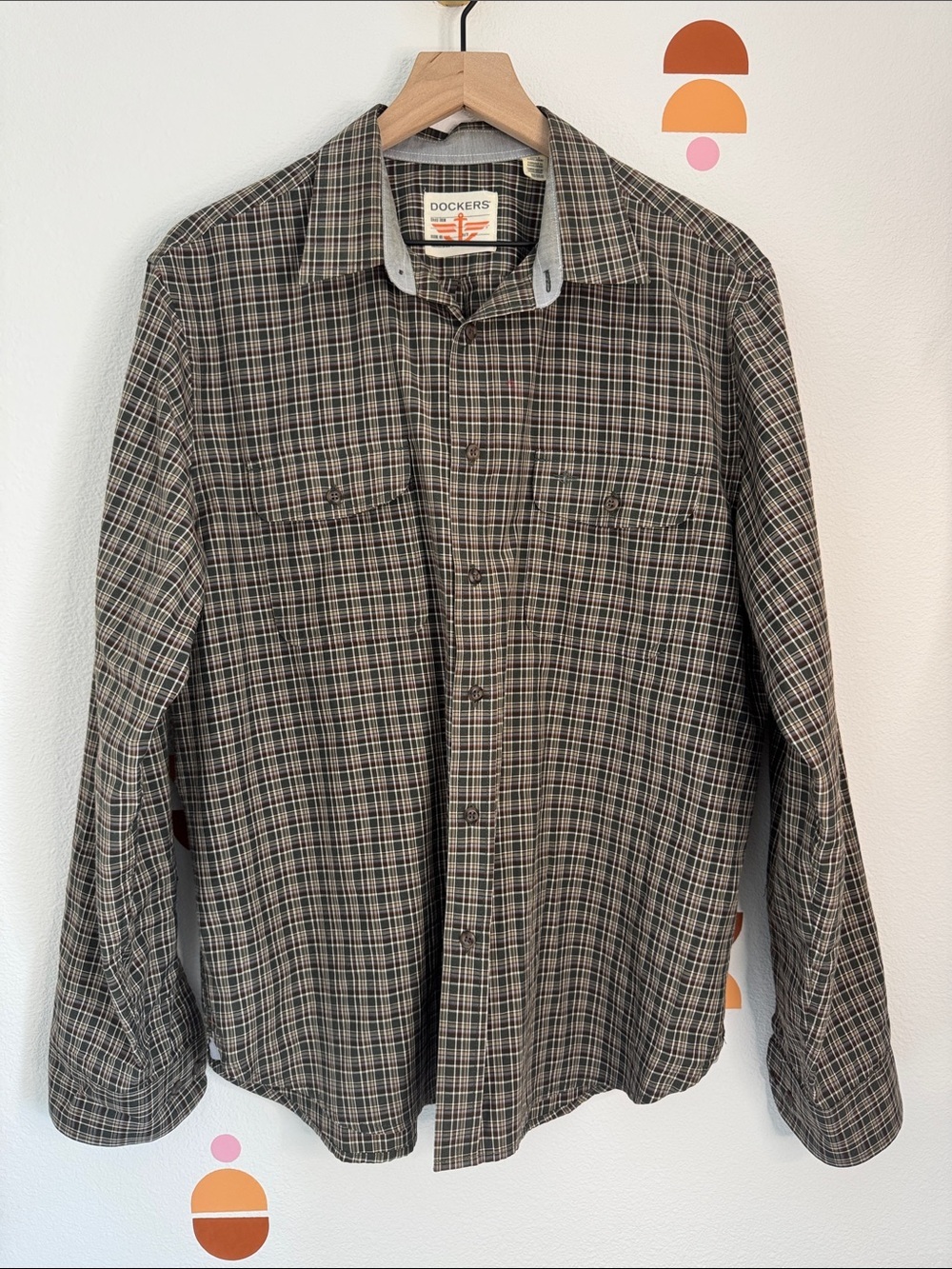 Dockers Men’s Large Plaid Button Up Shirt Brown Gray Long Sleeve Utility N0204